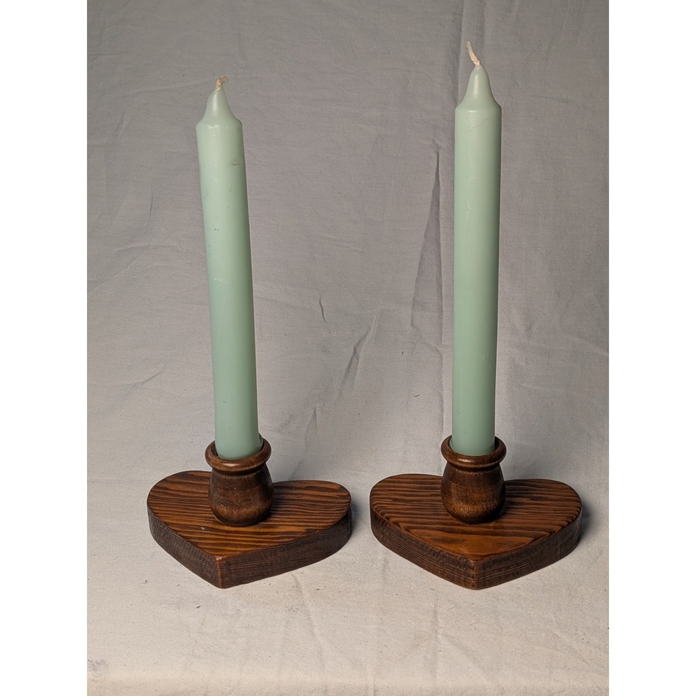 Vintage Wooden Heart Candle Holders Pair Rustic Brown Wood Taper Bases Set of 2